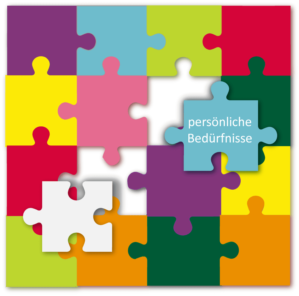 Puzzle mit farbigen Teilen. Das Teilchen "persönliche Bedürfnisse" liegt auf dem fertigen Puzzle. Symbol, dass es in der Beratung viele Einzelteile wichtig sind, und nicht nur ein Element.